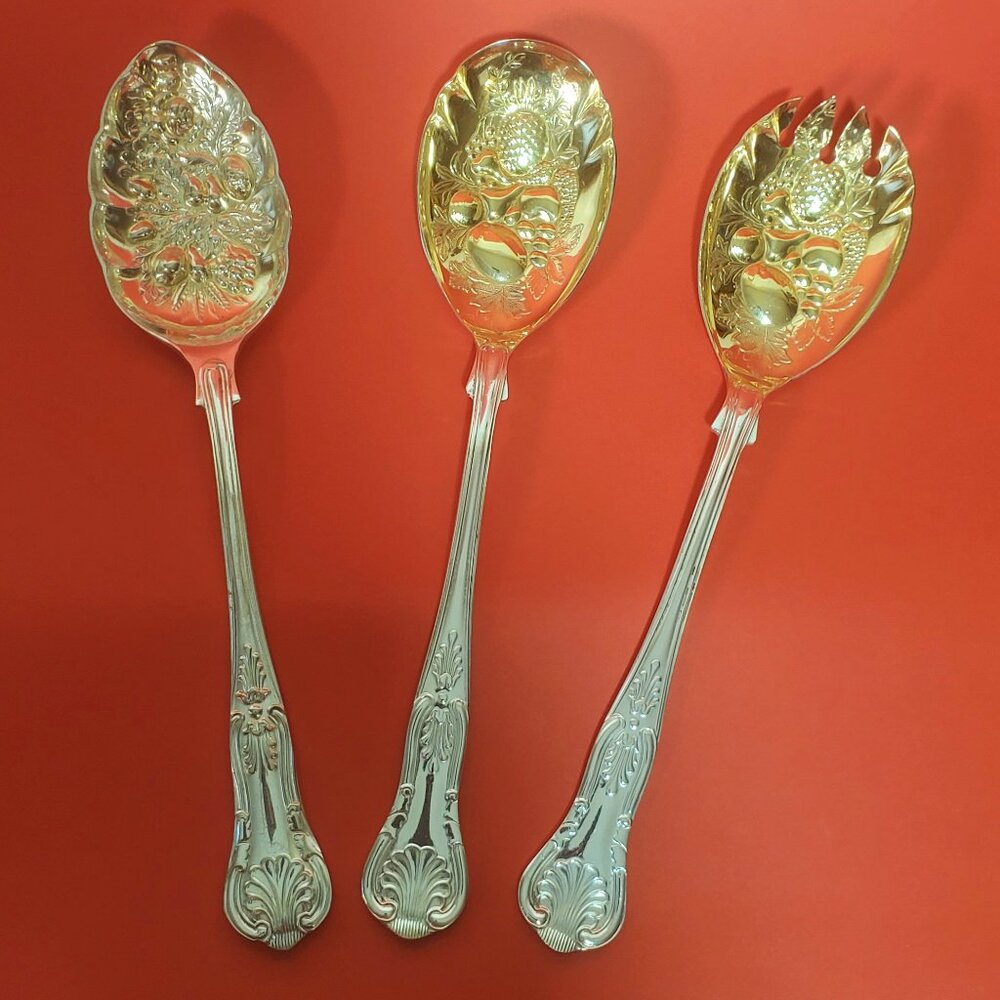 Vintage Three Kings Pattern Silver Plate Berry/Salad Spoons (Set of 3) England